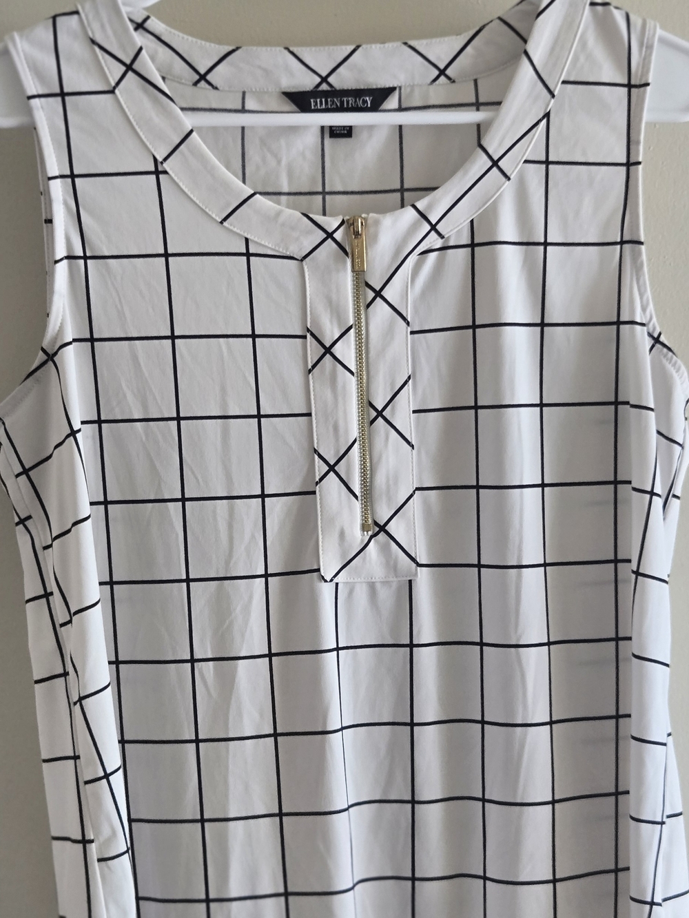 Ellen Tracy White Top with Black Windowpane and Gold Zip